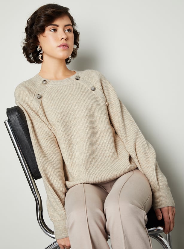 Women Button Detailed Raglan Sleeve Sweater