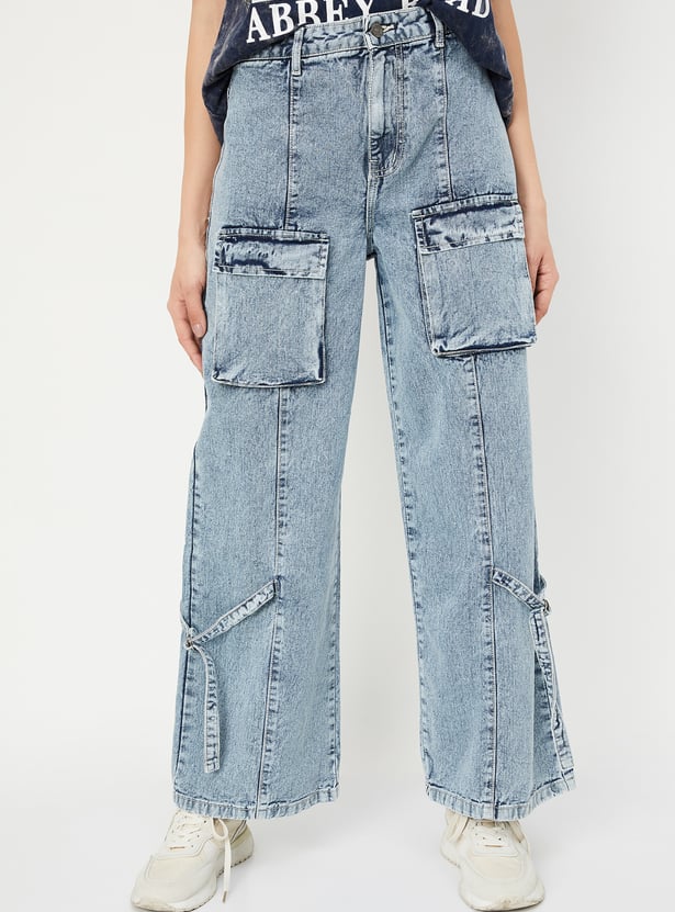 Women Washed Wide-Leg Cargo Jeans