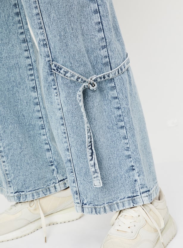 Women Washed Wide-Leg Cargo Jeans