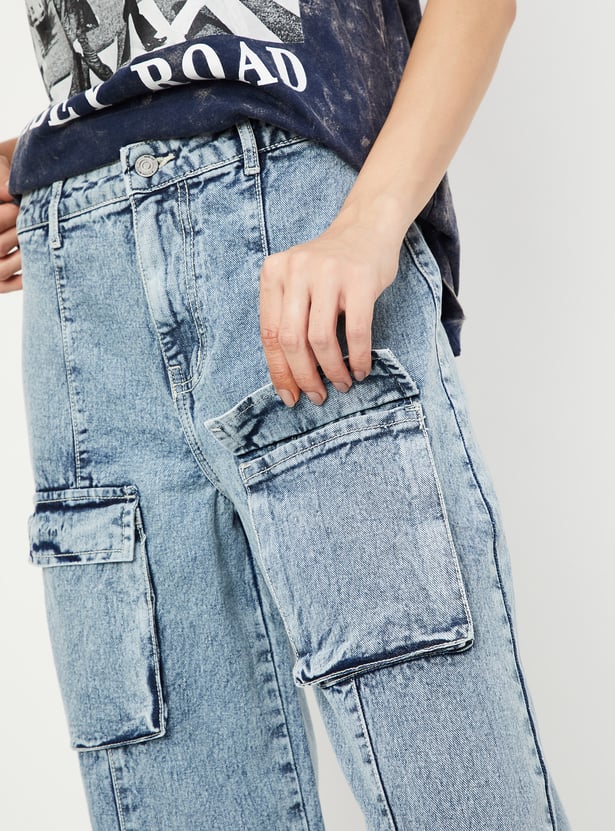 Women Washed Wide-Leg Cargo Jeans