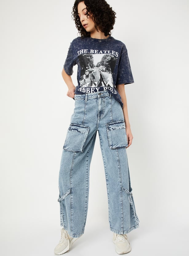 Women Washed Wide-Leg Cargo Jeans