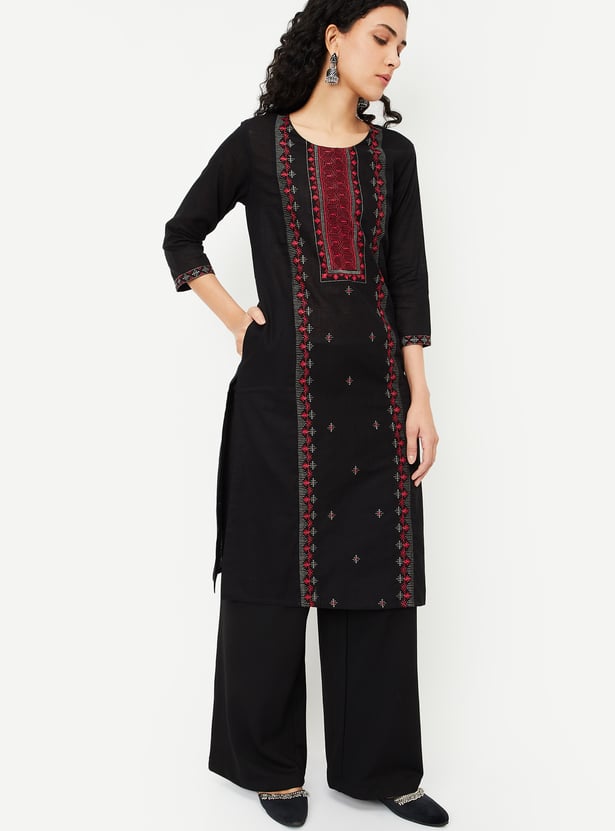 Black Embroidered Wool Straight Kurta