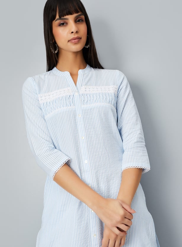 MIMOSA Women's Cotton Green Striped Straight Kurta - Round Neck, 3/4 Sleeves | Casual Indian Wear - View #10