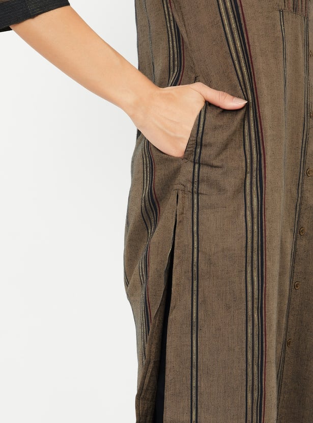 Brown Cotton Straight Kurta with Striped pattern main image 0