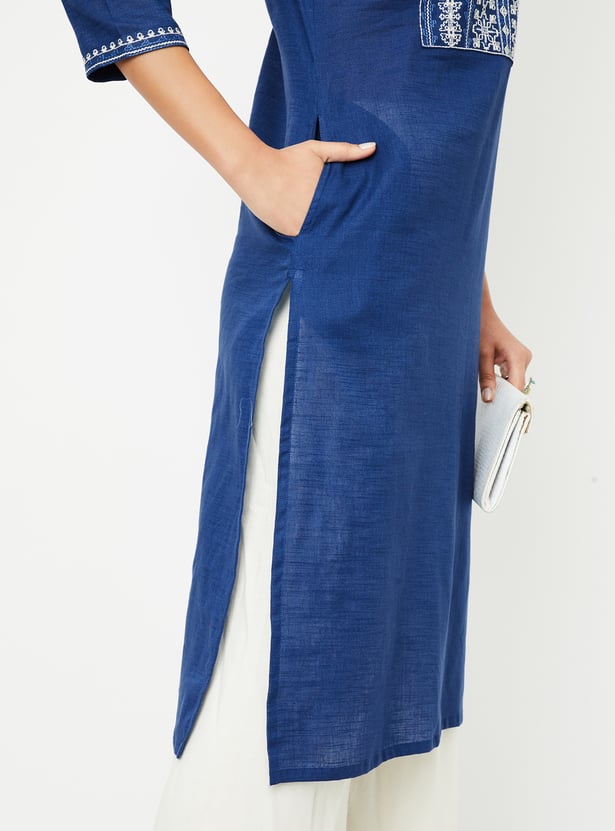 Women Rust Velvet Embroidered Yoke Short Kurta With Pants