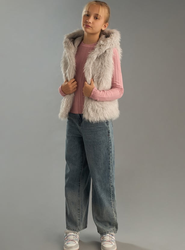 Girls Faux Fur Sleeveless Hooded Jacket