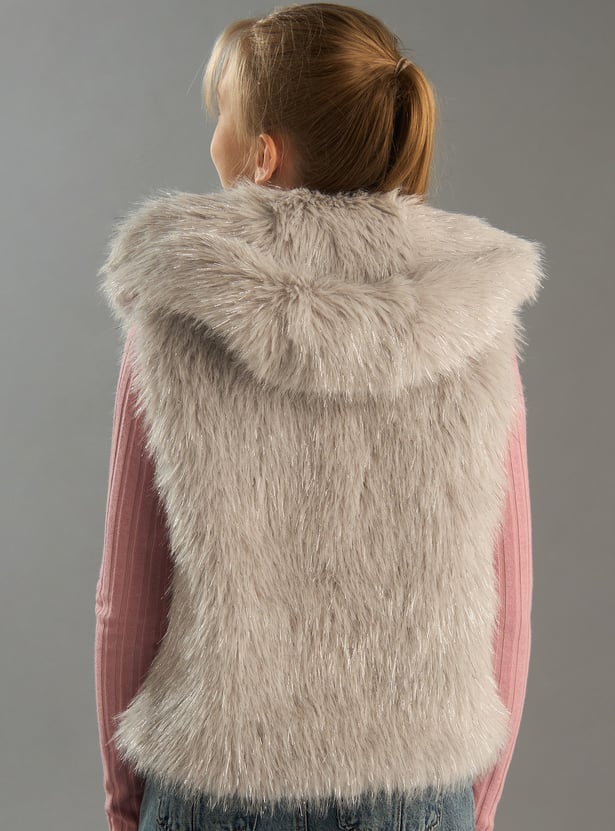 Girls Faux Fur Sleeveless Hooded Jacket