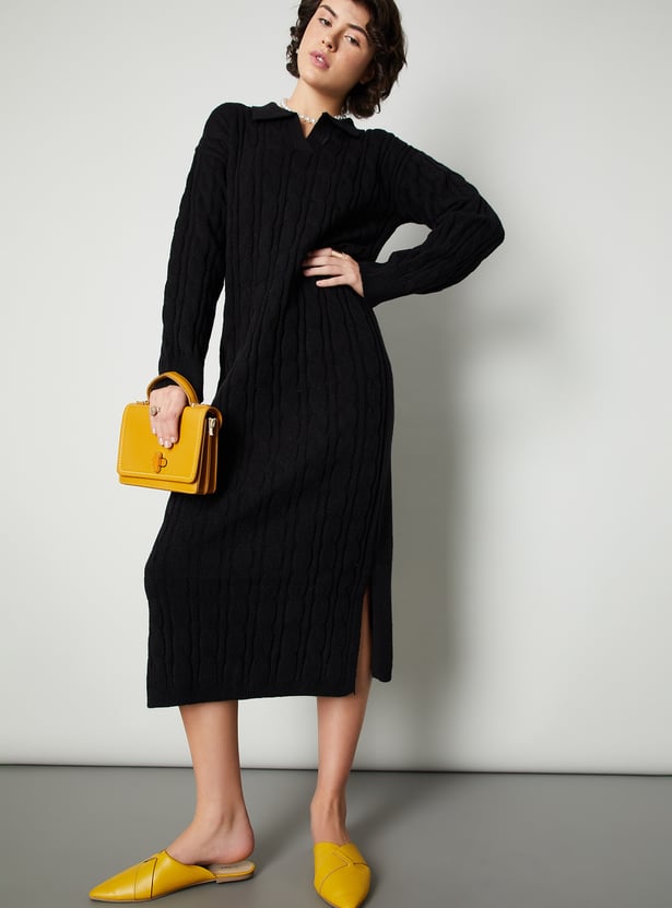 Women Cable Knit Polo Sweater Dress