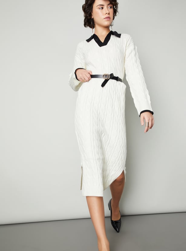 Women Cable Knit Polo Sweater Dress