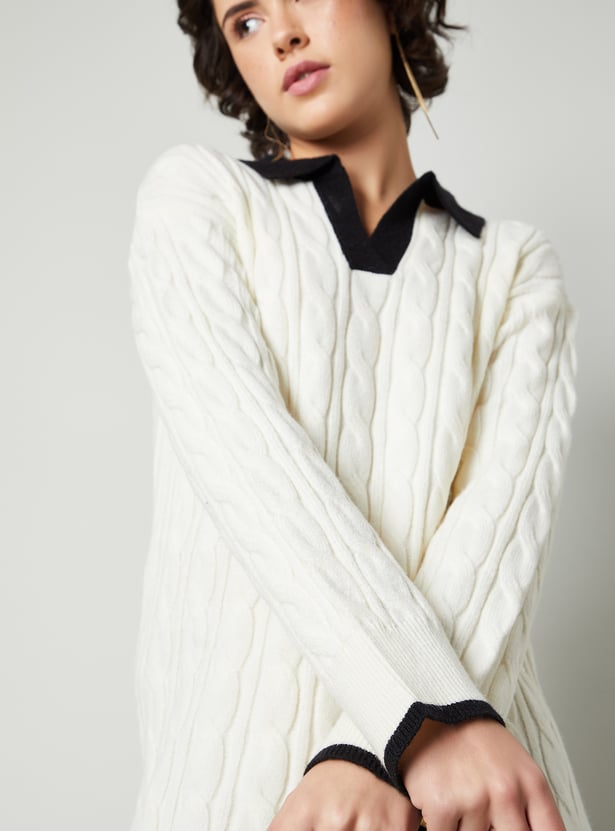 Women Cable Knit Polo Sweater Dress