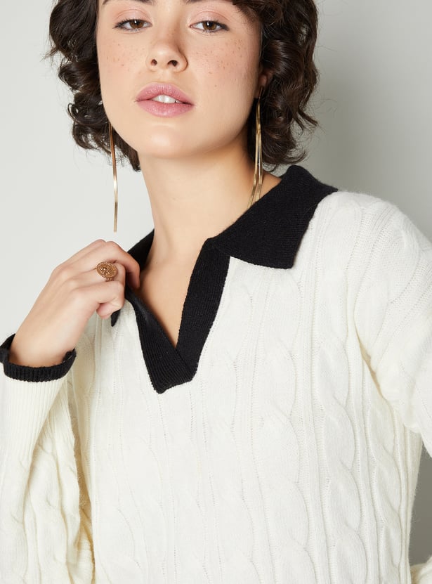 Women Cable Knit Polo Sweater Dress