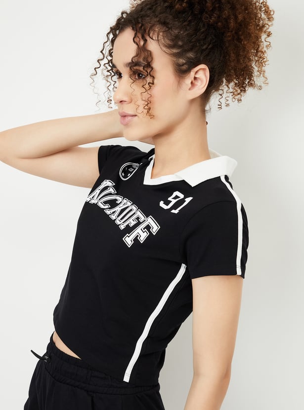 Women Printed Johnny Collar Crop T-shirt