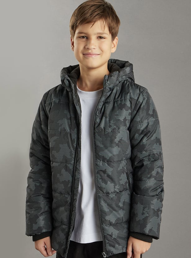 Boys Camouflage Print Hooded Puffer Jacket