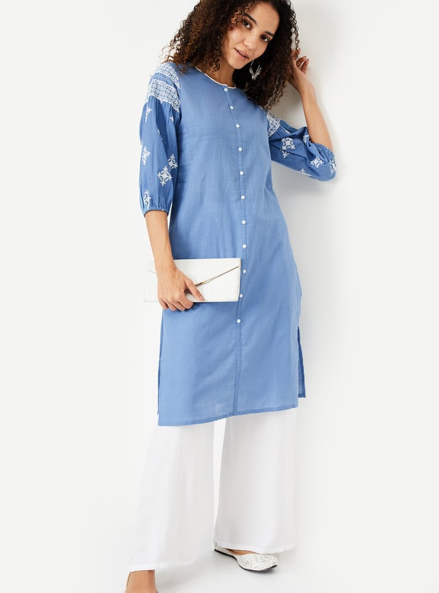Women Embroidered Sleeve Straight Kurta