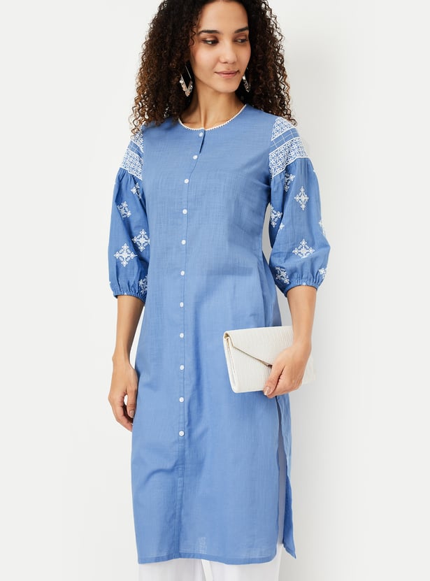 Women Embroidered Sleeve Straight Kurta