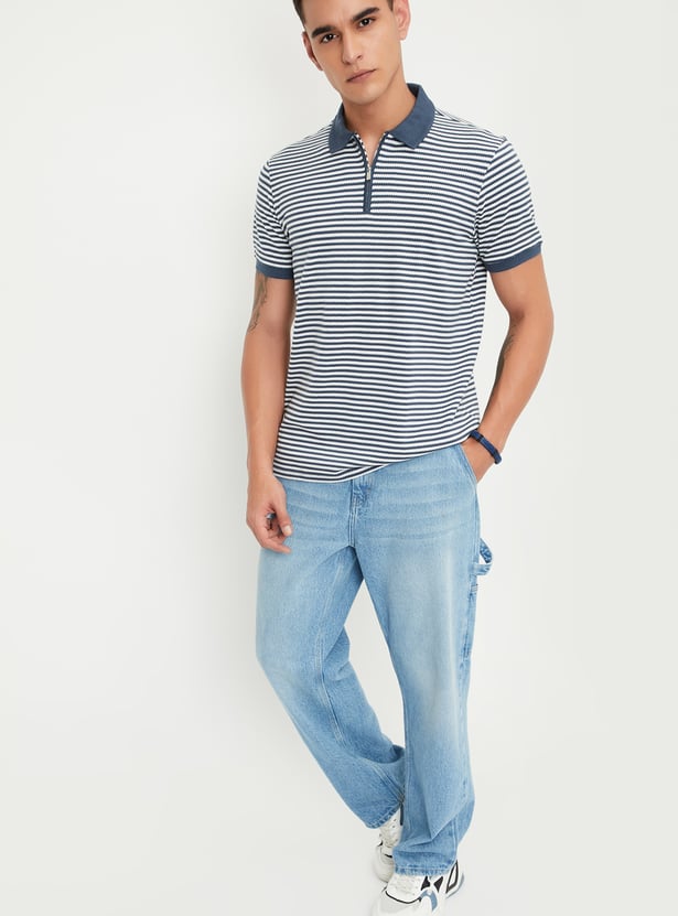 Men Striped Zipper Polo T-shirt