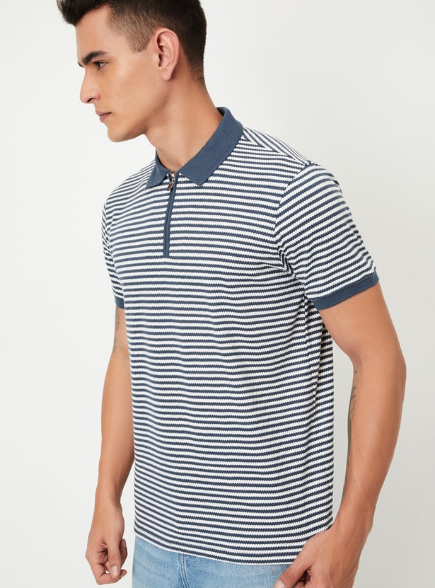 Men Striped Zipper Polo T-shirt