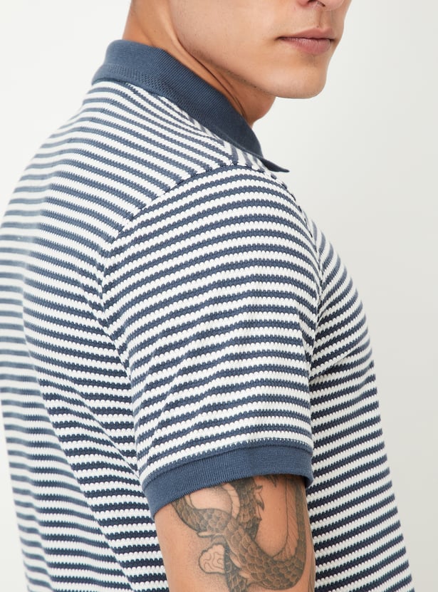 Men Striped Zipper Polo T-shirt
