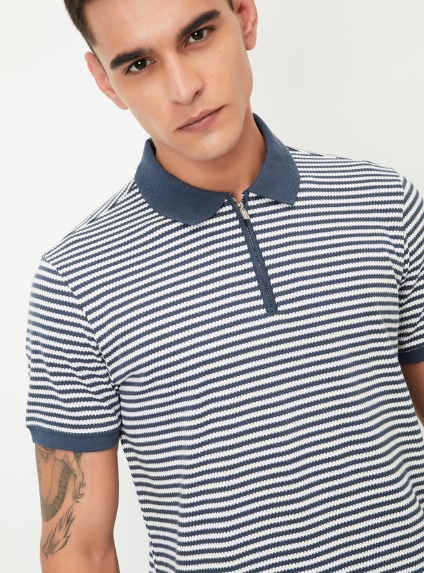 Men Striped Zipper Polo T-shirt