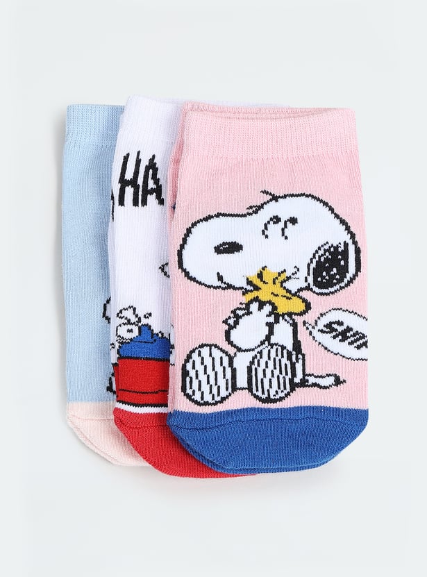 Girls Snoopy Print No-Show Socks - Pack of 3