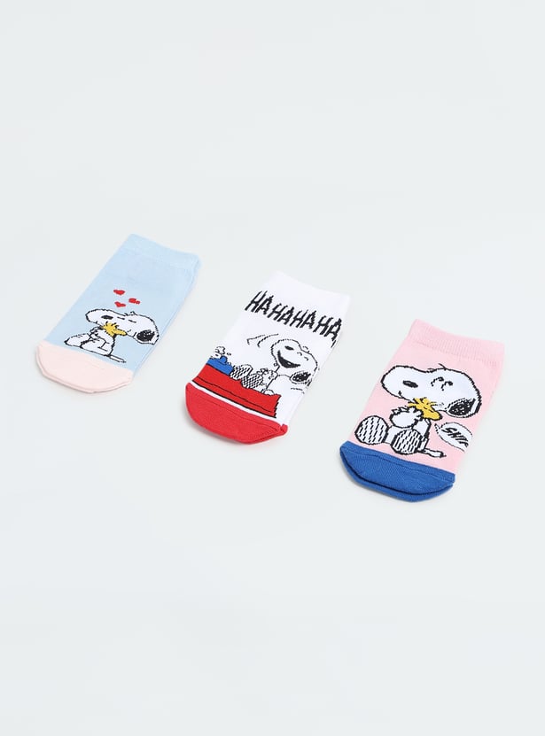 Girls Snoopy Print No-Show Socks - Pack of 3