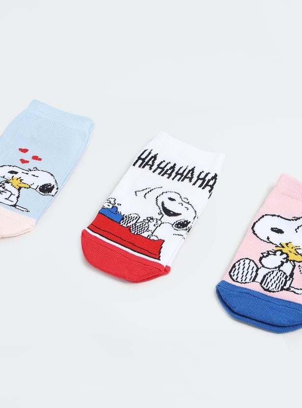 Girls Snoopy Print No-Show Socks - Pack of 3