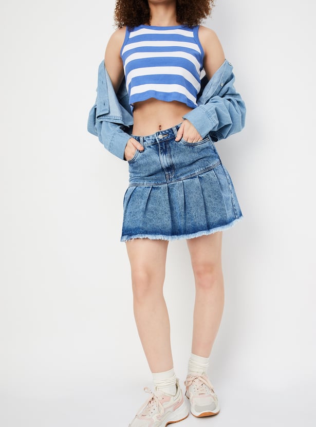 Women Pleated Denim Skater Skirt