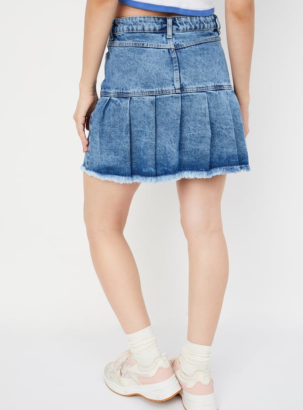 Women Pleated Denim Skater Skirt