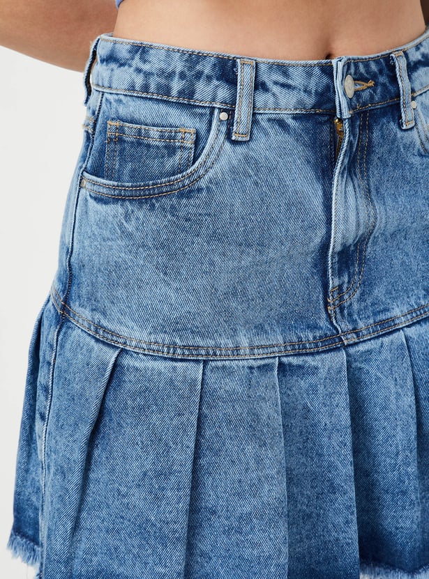 Women Pleated Denim Skater Skirt