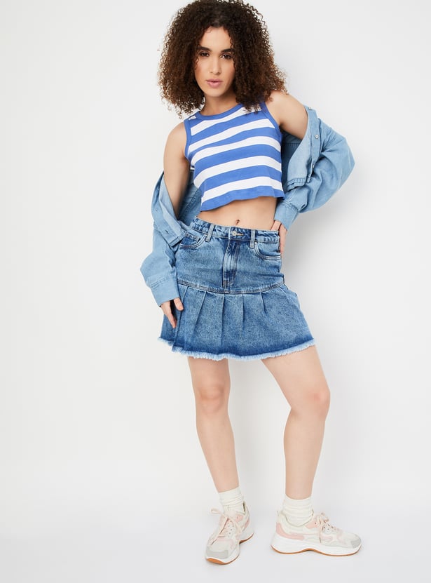 Women Pleated Denim Skater Skirt