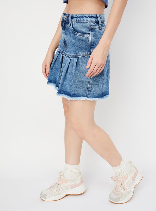 Women Pleated Denim Skater Skirt