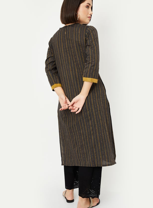 Women'S Charcoal Grey & White Self-Striped Straight Kurta main image 1