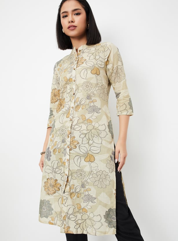 Women’s Cotton Printed Kurti – Floral Ethnic Straight Kurta with Tassel Neck, 3/4 Sleeve Casual Wear