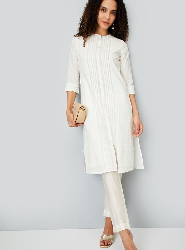 White - Straight Pintuck Plain Cotton Kurta 08 main image 1