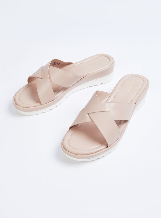 Women Solid Cross Strap Open Toe Flats