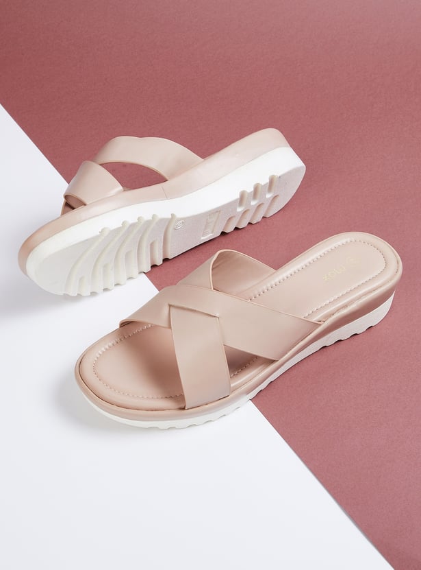 Women Solid Cross Strap Open Toe Flats