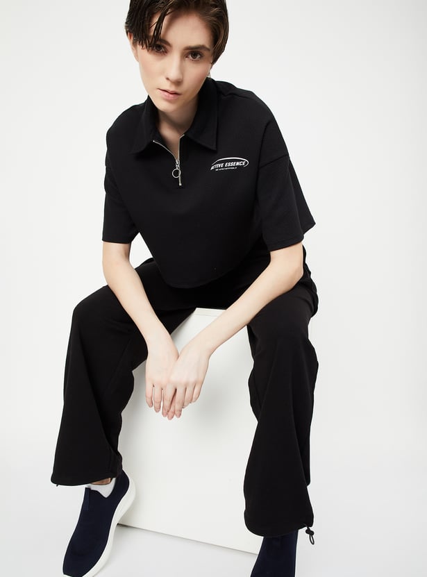 Women Textured Crop Polo T-shirt