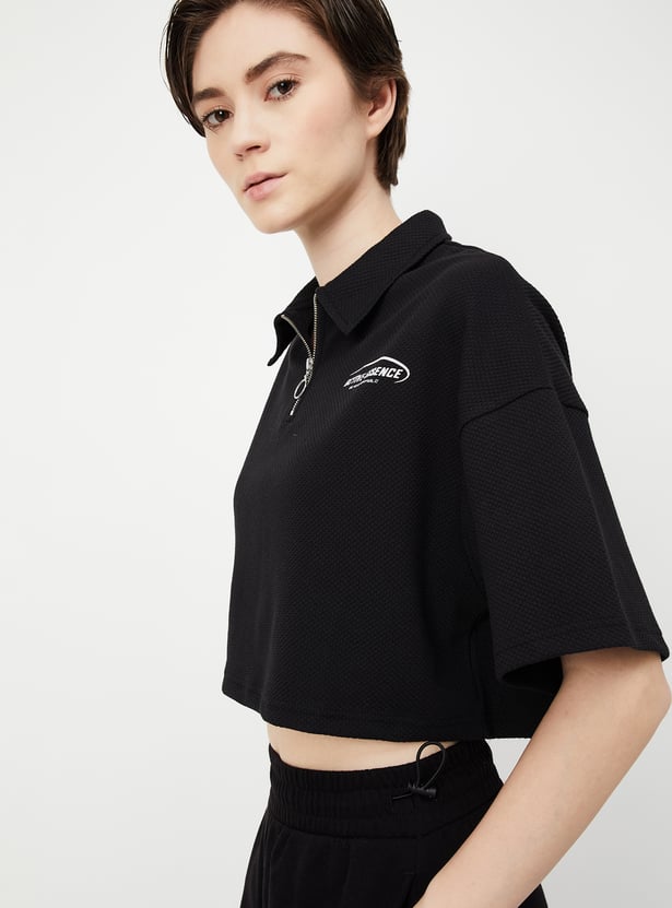 Women Textured Crop Polo T-shirt
