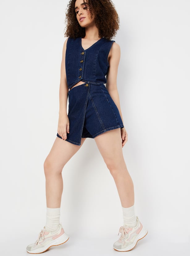 Women Solid Wrap Denim Skorts