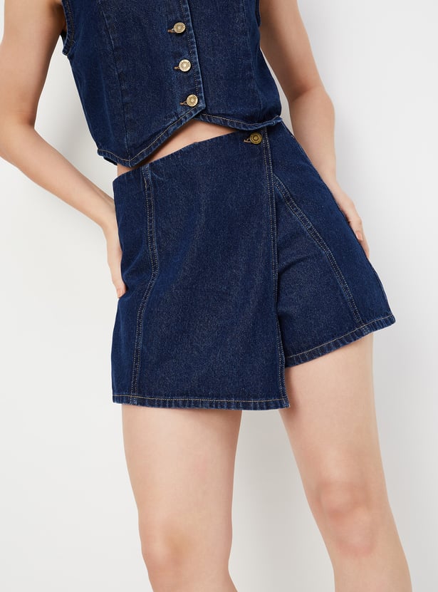 Women Solid Wrap Denim Skorts