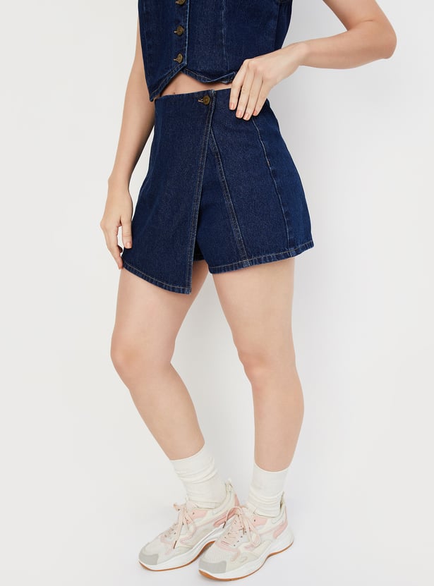 Women Solid Wrap Denim Skorts