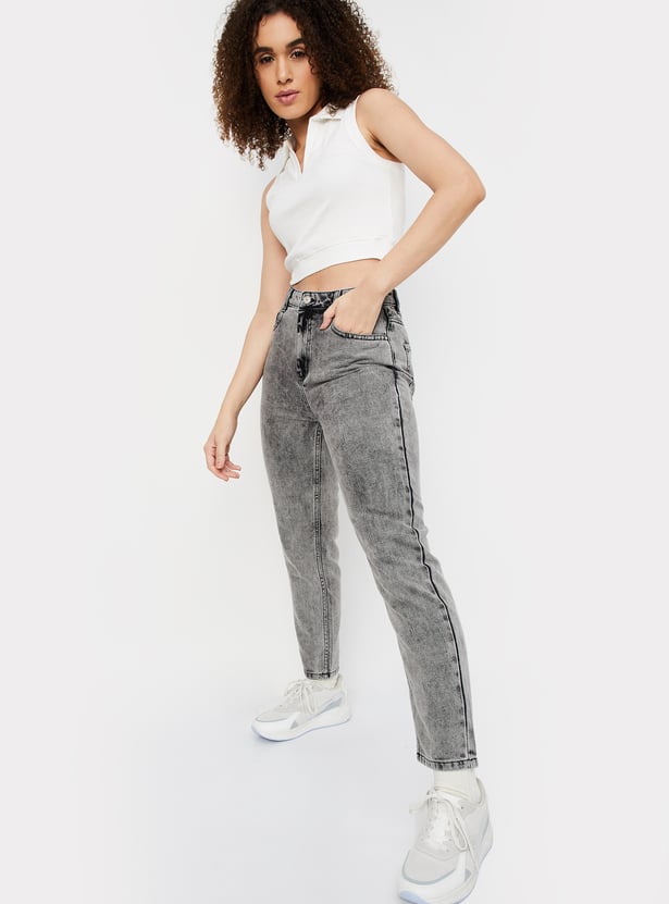 Women Washed Mom Fit Jeans