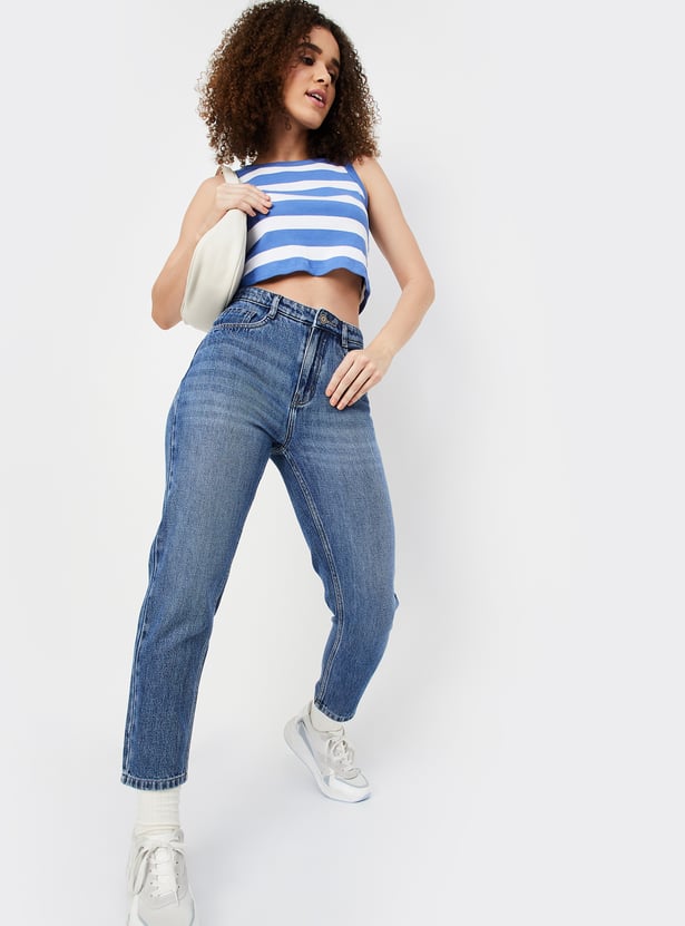 Women Mom Fit Washed Jeans