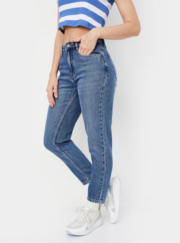 Women Mom Fit Washed Jeans