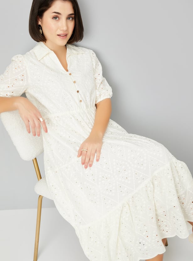 Women Schiffli Embroidered Tiered Dress