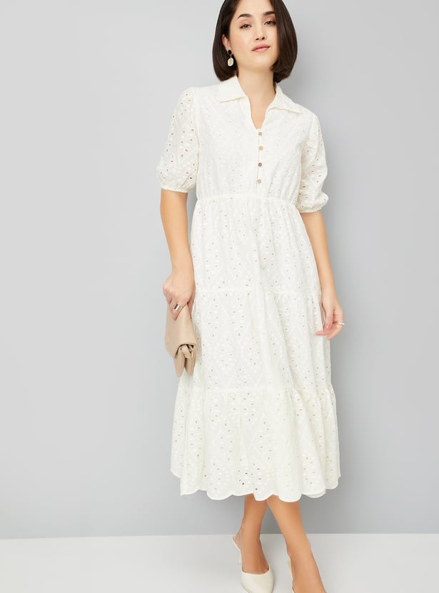 Women Schiffli Embroidered Tiered Dress