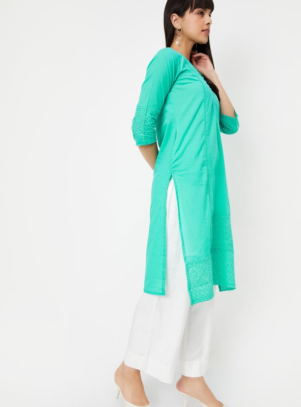 Cotton Schiffli Embroidered Straight Kurta Pant  and  Dupatta