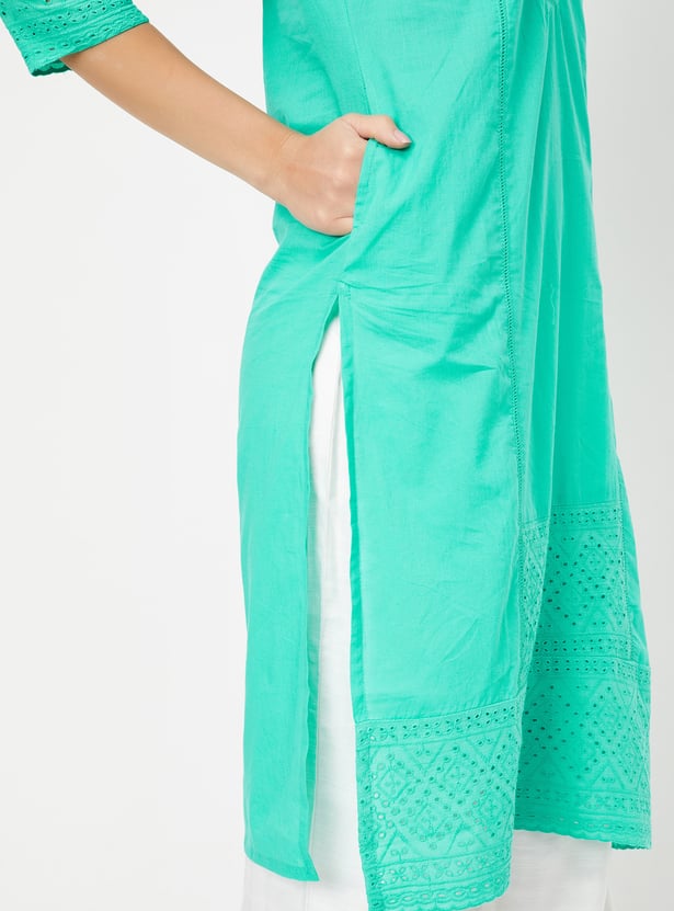 Schiffli Embroidered Peach Organza Straight Kurta Suit