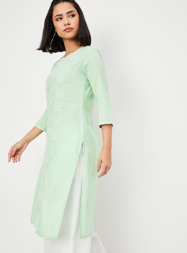 Women Pista Green Chicken Embroidered Straight Kurta