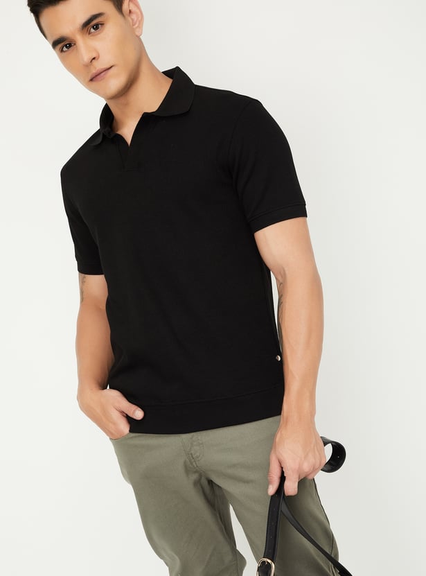 Men Ribbed Johnny Collar Polo T-shirt